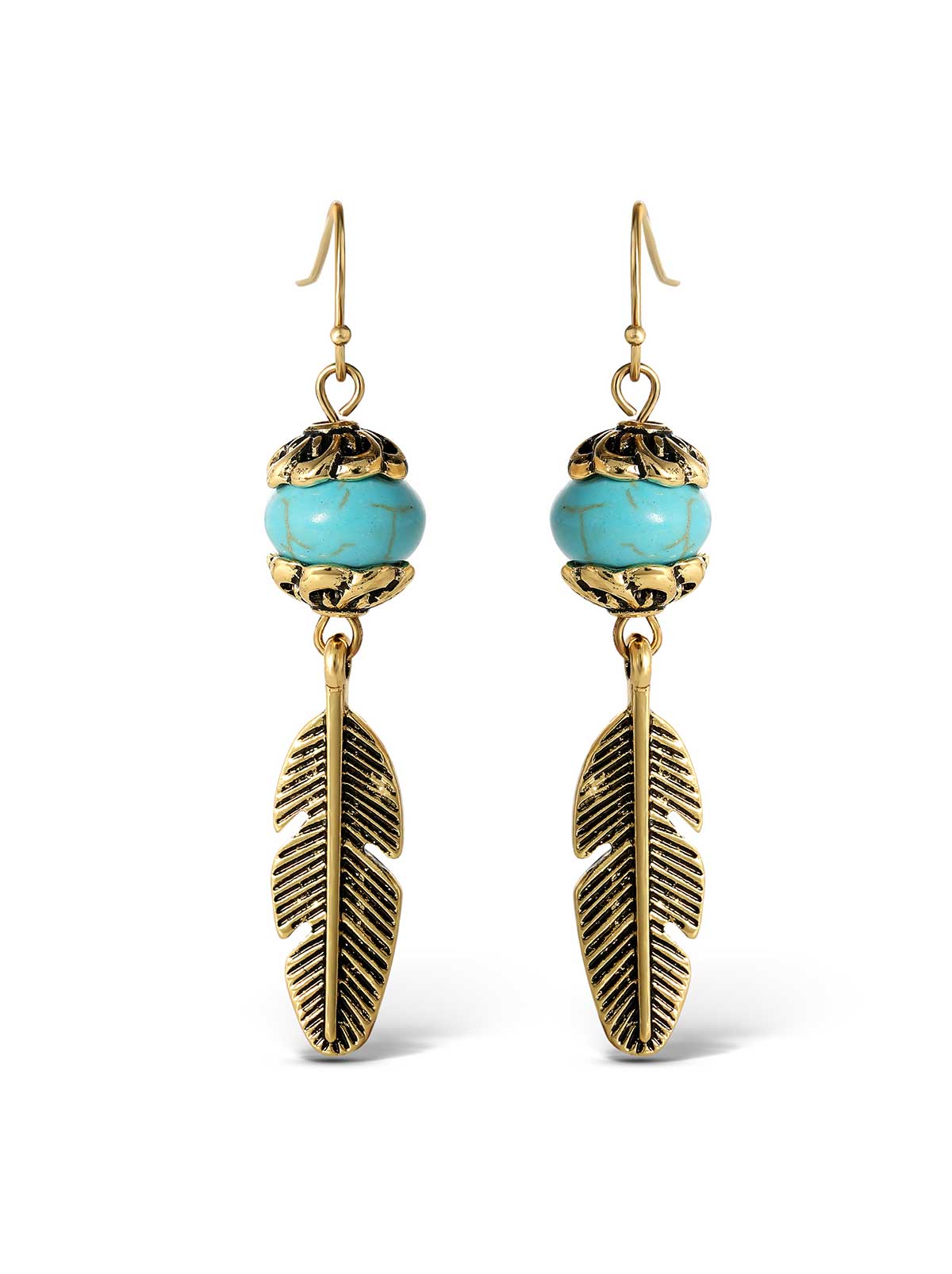 Jessica Simpson Accessories Turquoise Bead Feather Drop Earrings in Gold