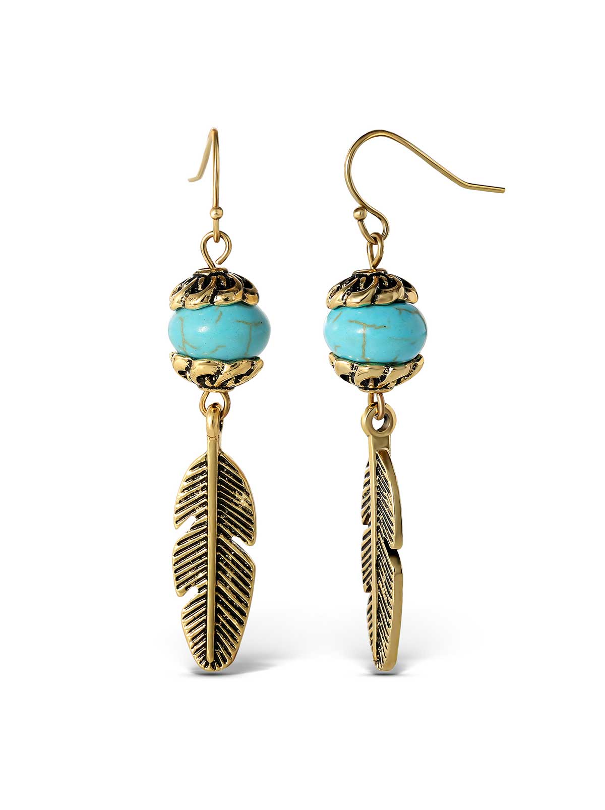 Jessica Simpson Accessories Turquoise Bead Feather Drop Earrings in Gold