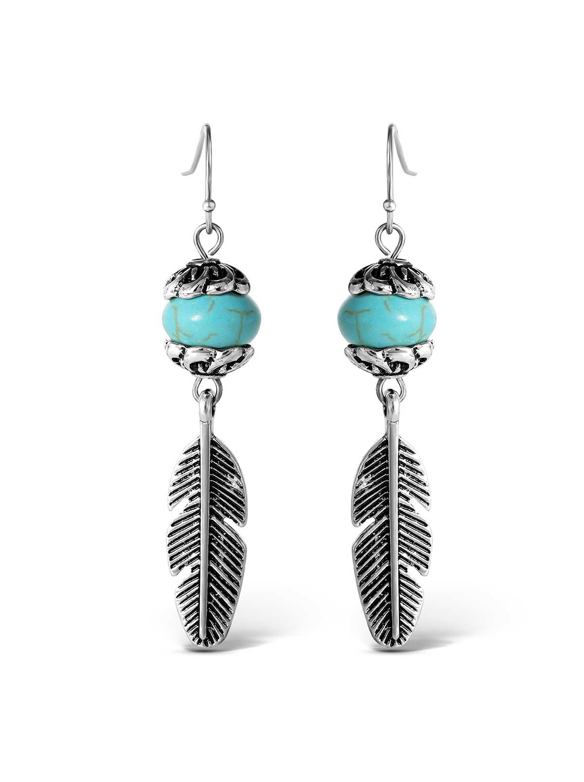 Jessica Simpson Accessories Turquoise Bead Feather Drop Earrings in Silver