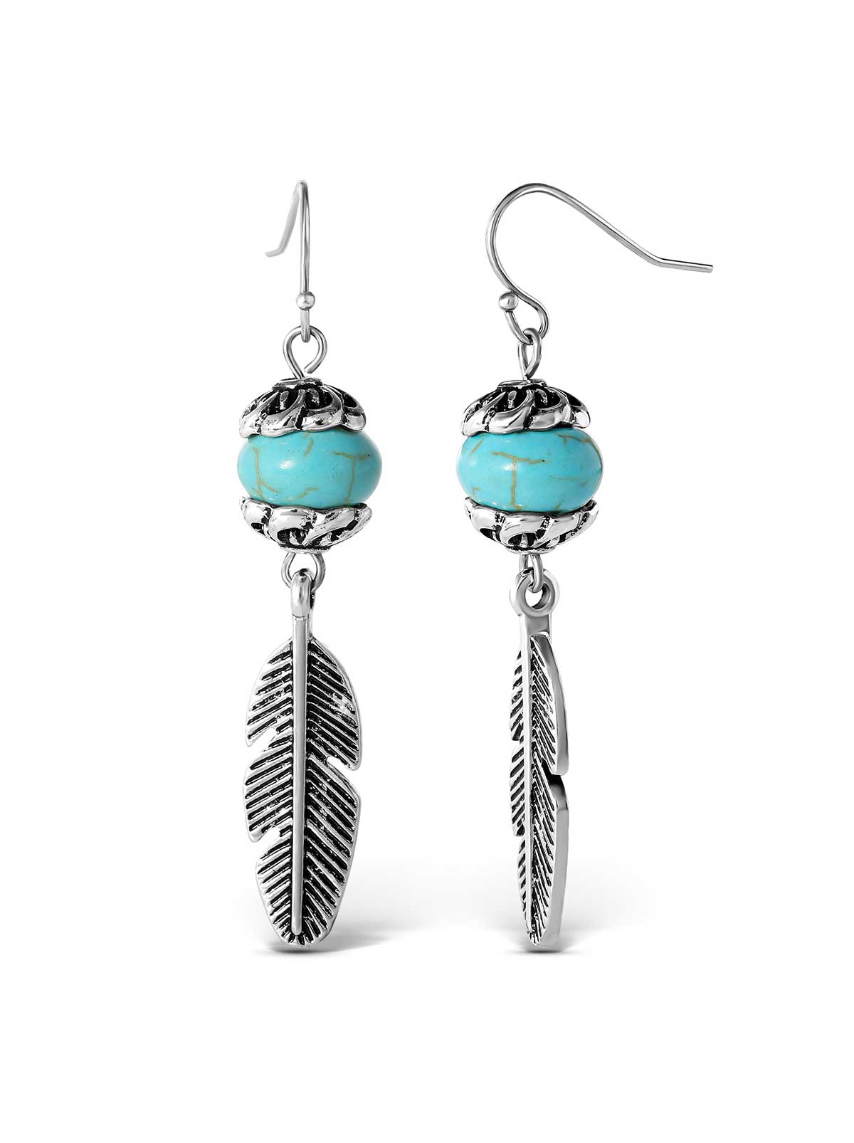 Jessica Simpson Accessories Turquoise Bead Feather Drop Earrings in Silver