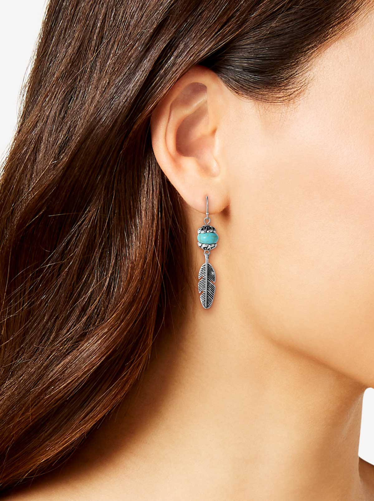 Jessica Simpson Accessories Turquoise Bead Feather Drop Earrings in Silver
