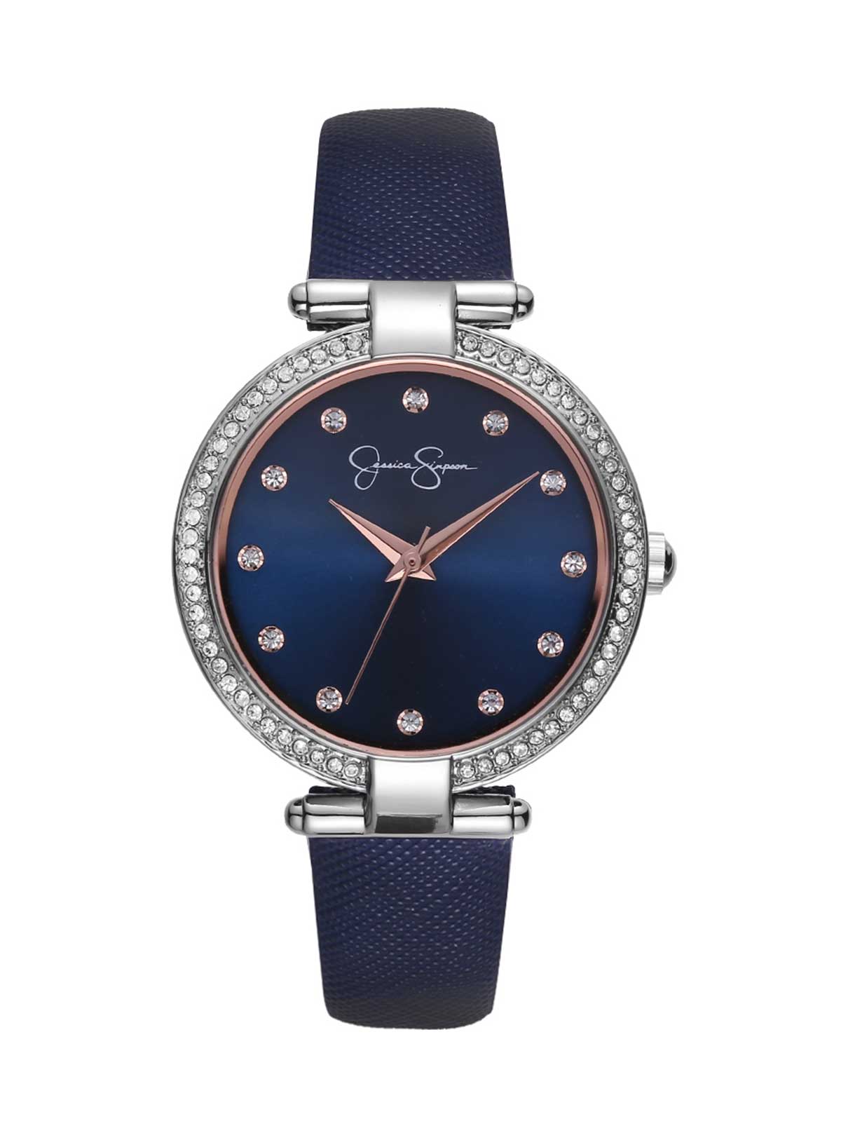 Jessica Simpson Accessories Crystal Bezel Navy Strap Watch in Silver Tone