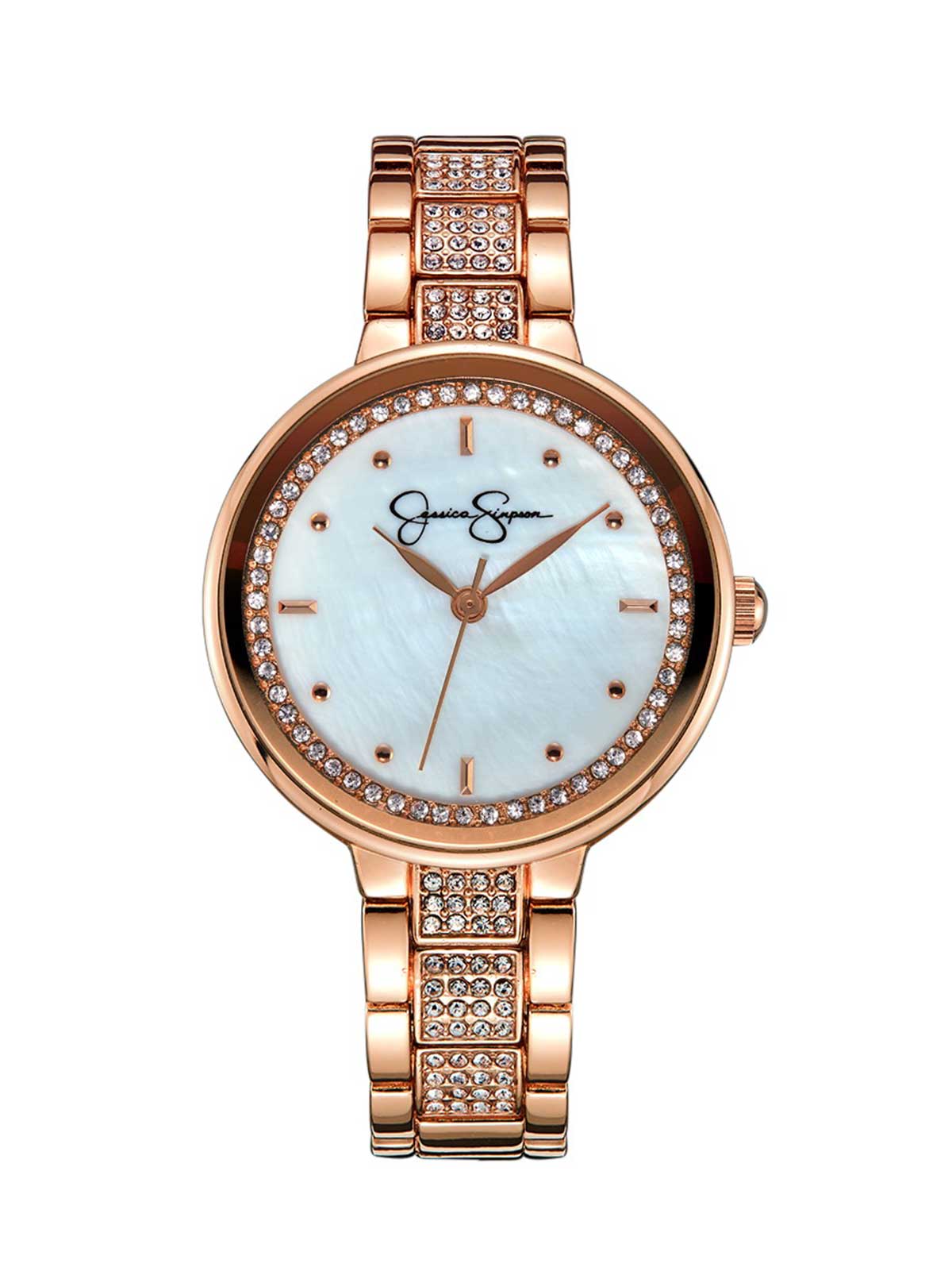 Jessica Simpson Accessories Crystal & Genuine Mother Of Pearl Dial Watch in Rose Gold Tone