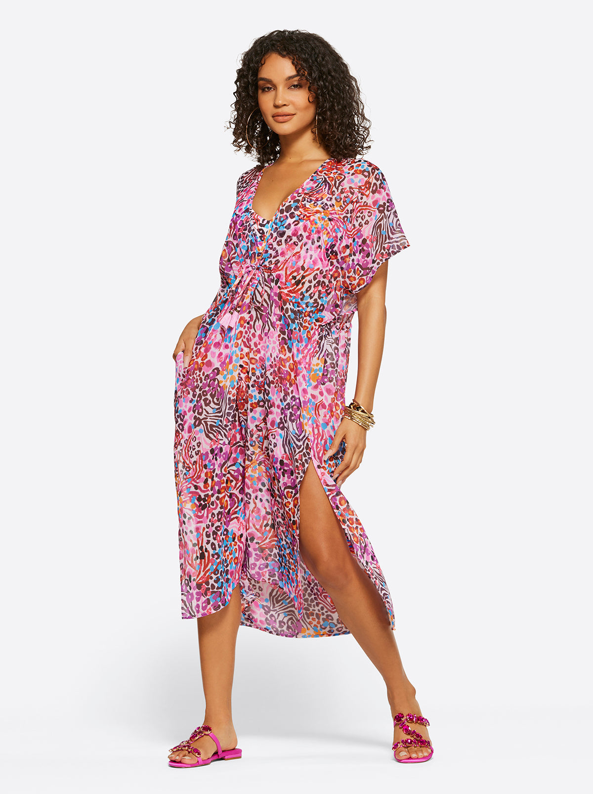 Jessica Simpson Women French Exit Long Swim Cover Up in Pink Multi
