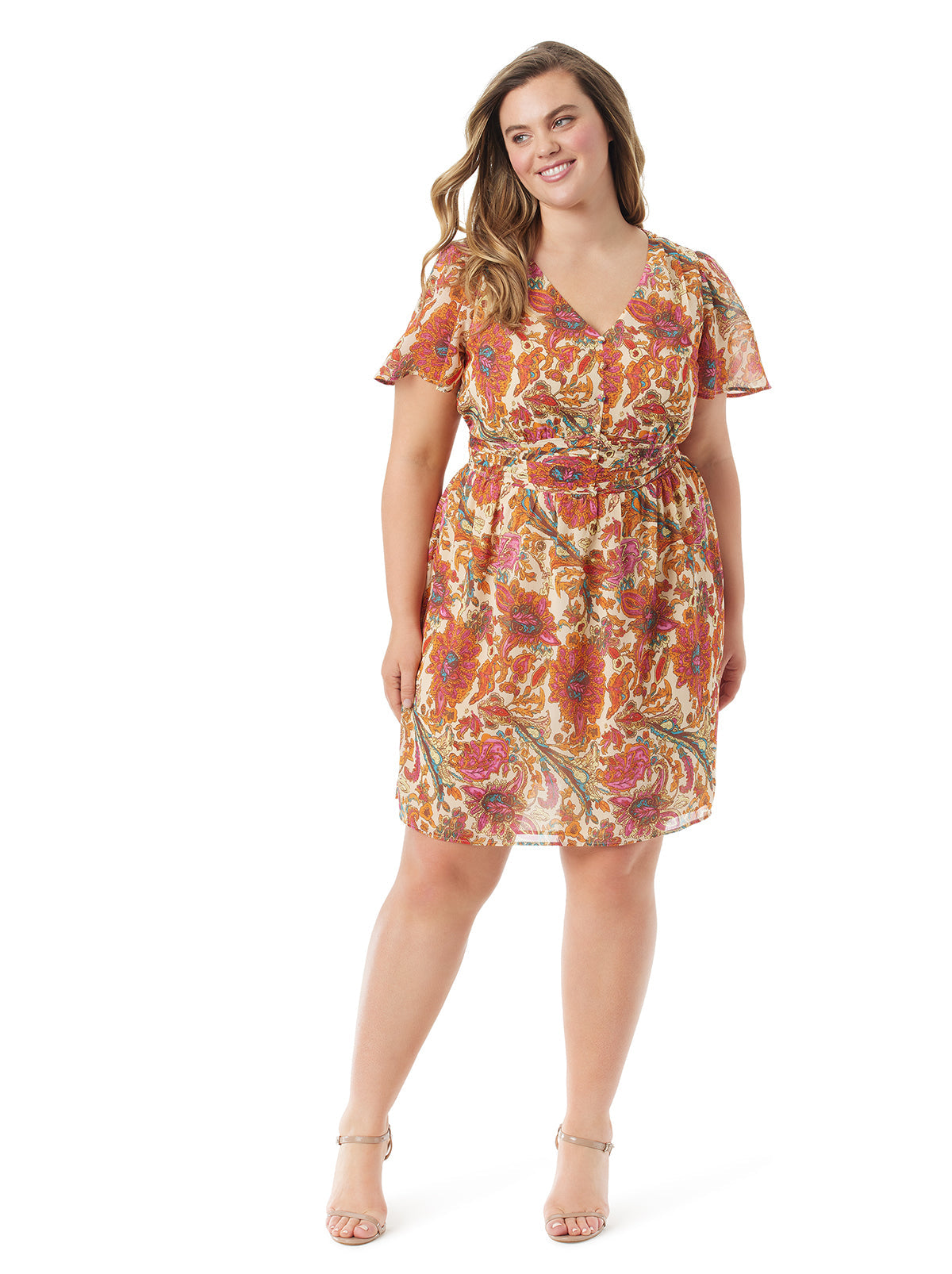 Jessica Simpson Women Vilma Button Front Dress in Apricot Sherbet Paisley