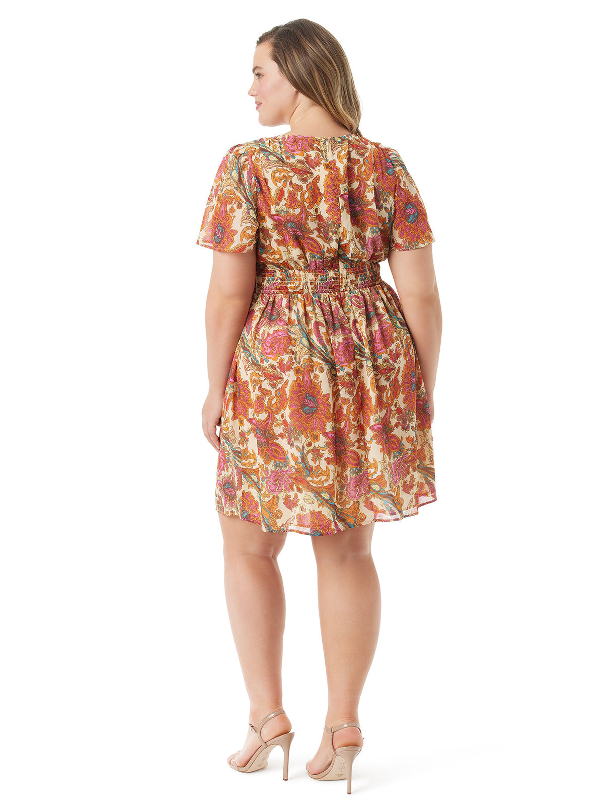 Jessica Simpson Women Vilma Button Front Dress in Apricot Sherbet Paisley
