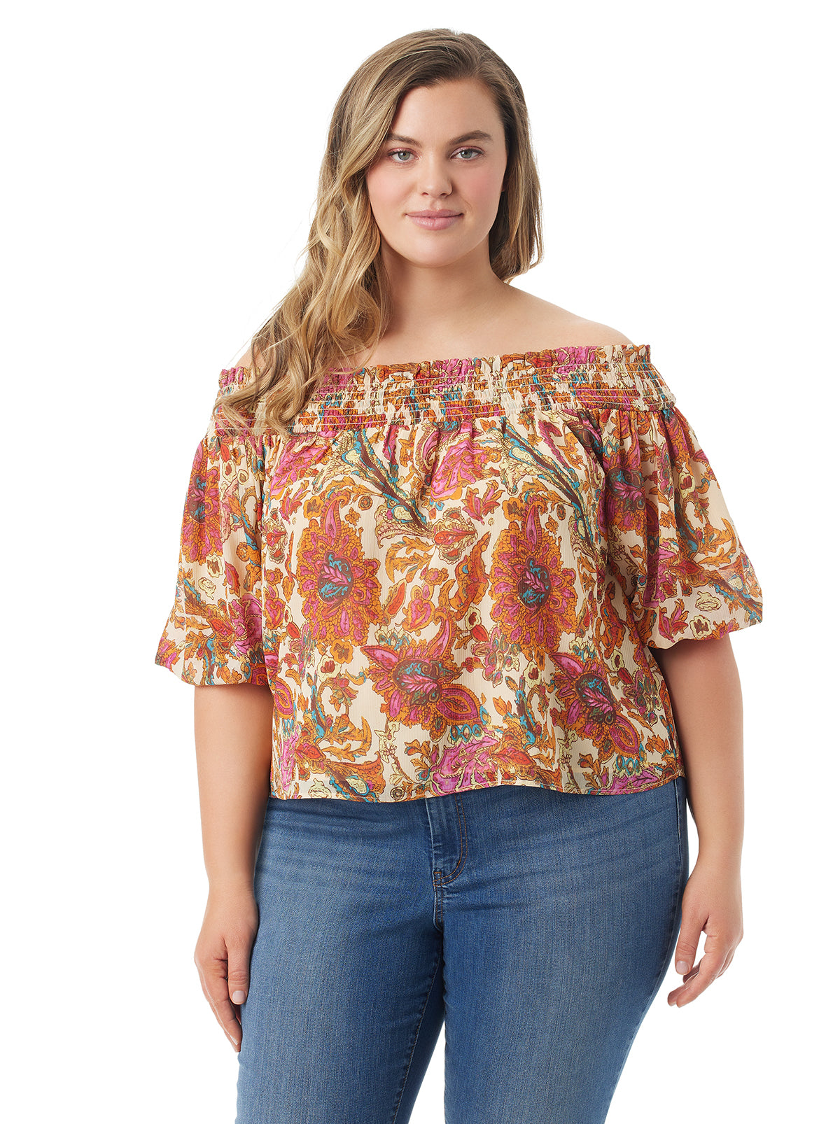Jessica Simpson Women Rosiya Off Shoulder Top in Apricot Sherbet Paisley