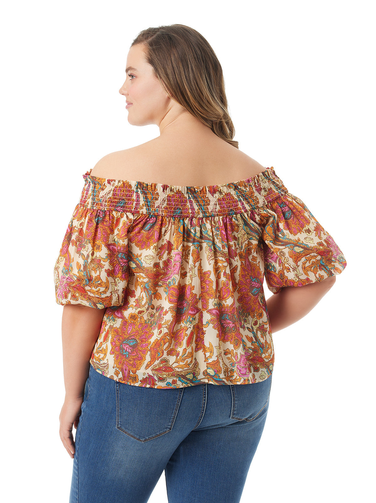Jessica Simpson Women Rosiya Off Shoulder Top in Apricot Sherbet Paisley