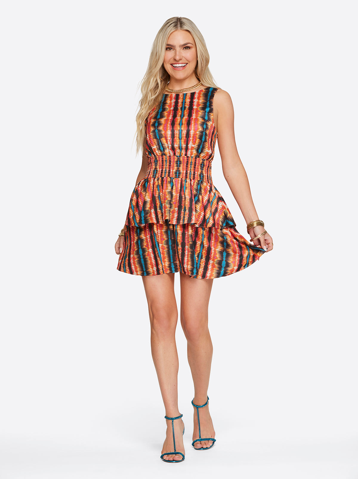 Jessica Simpson Women Illora Tiered Mini Dress in Tie Dye Stripe