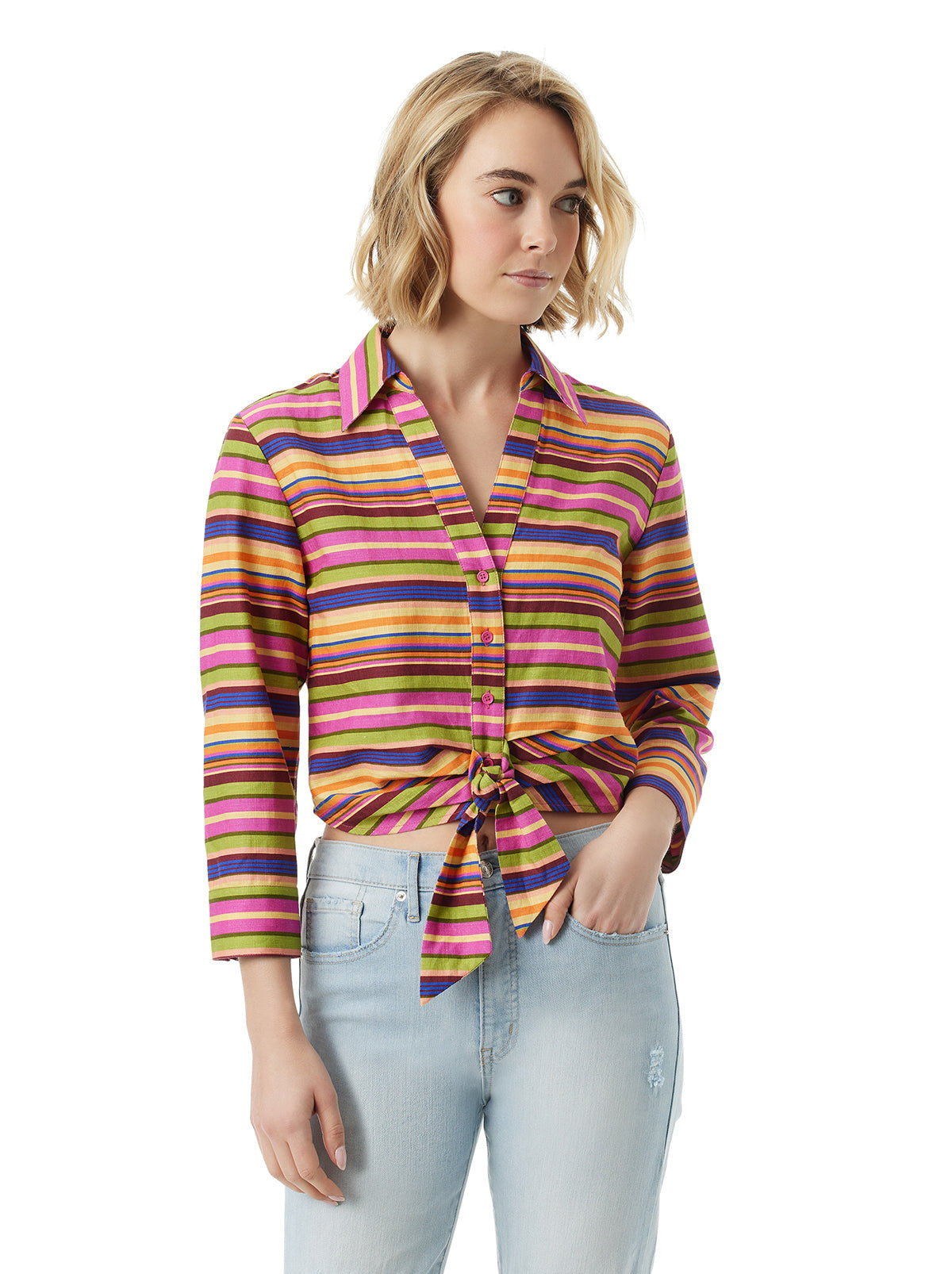 Jessica Simpson Women Wisteria Tie Front Top in Rainbow Stripe