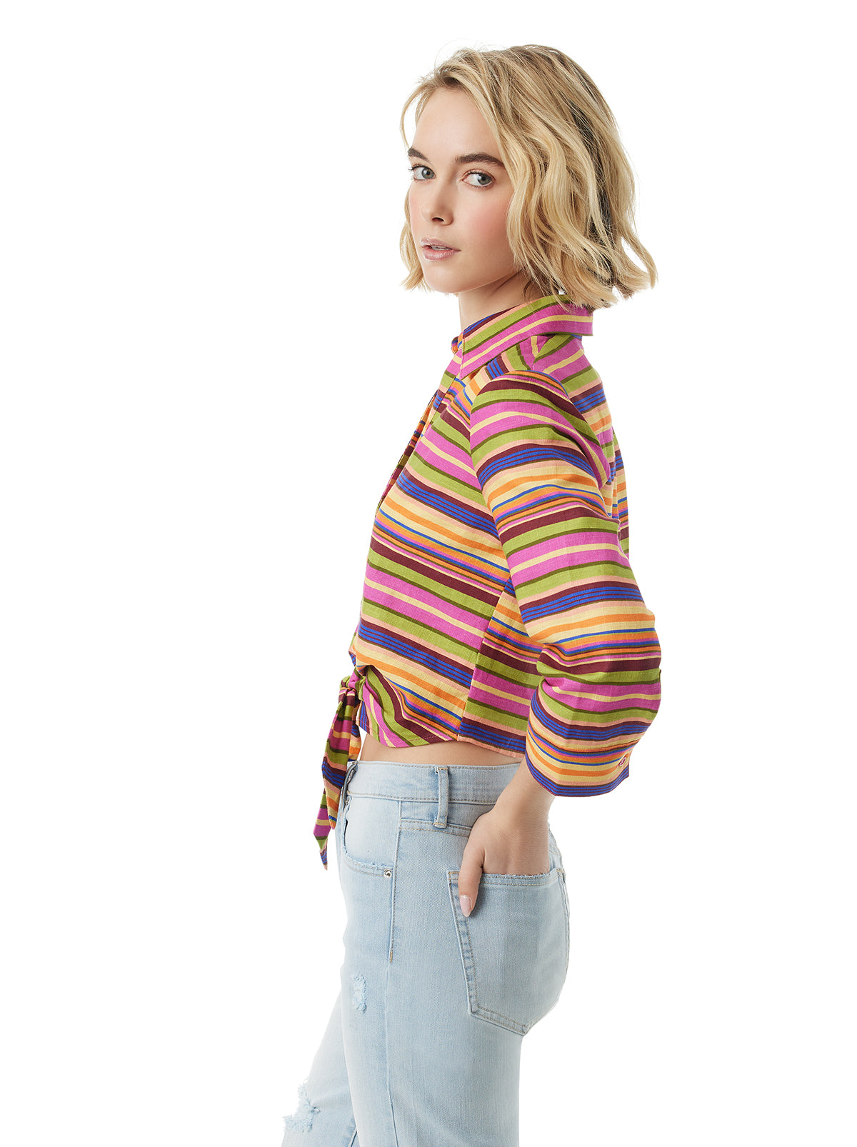 Jessica Simpson Women Wisteria Tie Front Top in Rainbow Stripe