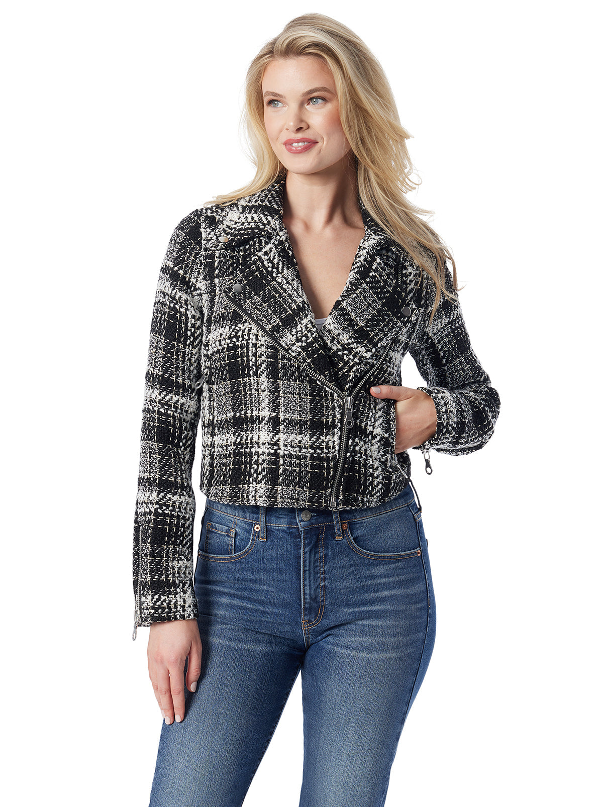 Jessica Simpson Women Biker Jacket in Black & White Tweed