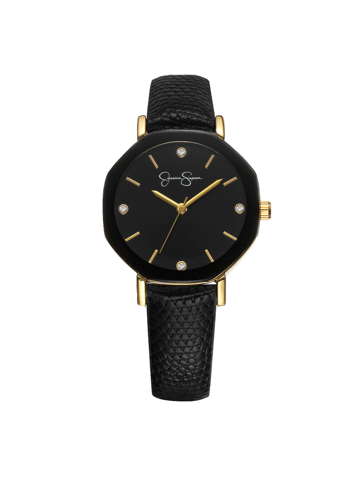 Jessica Simpson Accessories Metallized Bezel Strap Watch in Black & Gold Tone