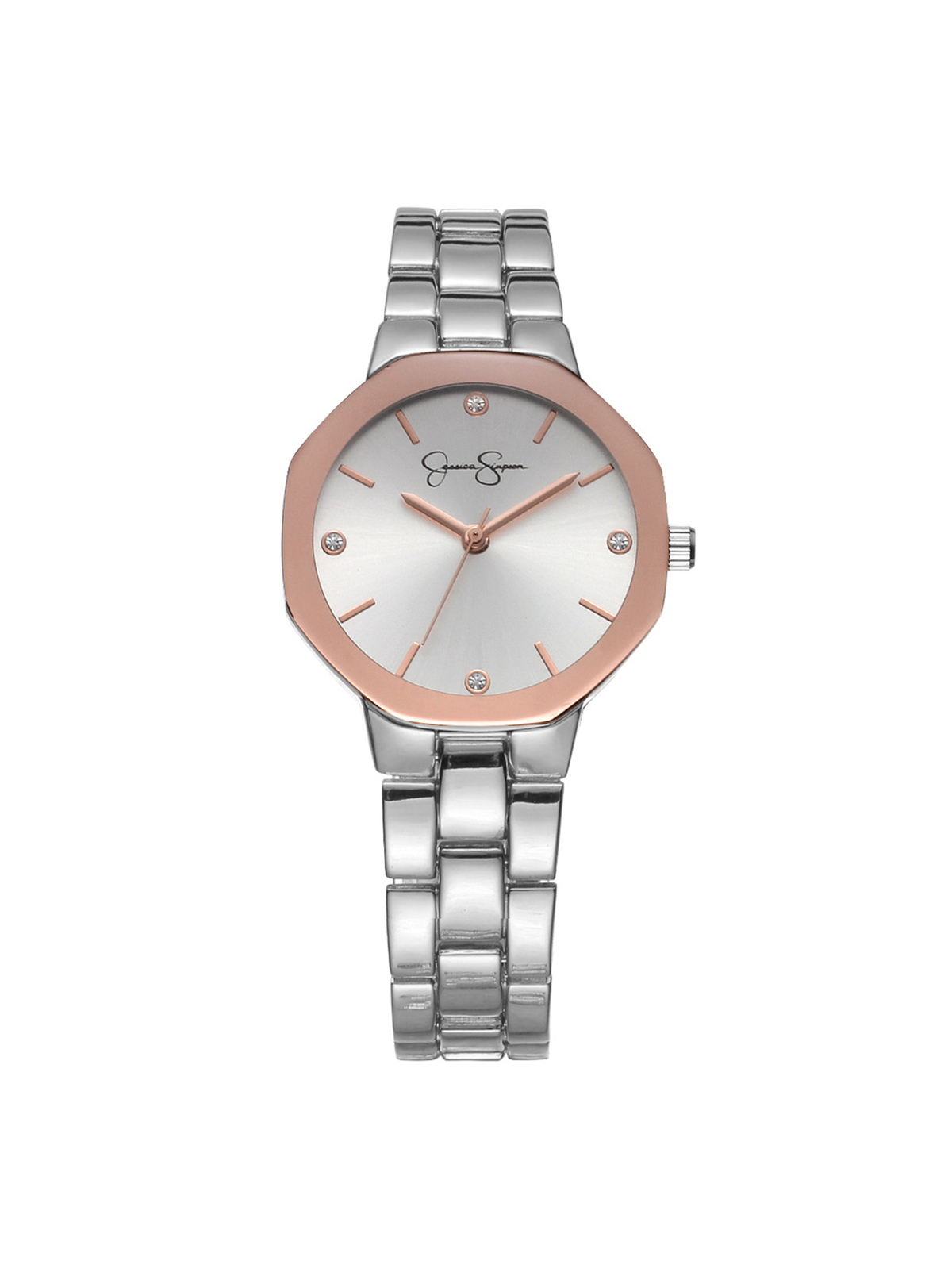Jessica Simpson Accessories Rose Mettalic Bezel Bracelet Watch in Silver Tone