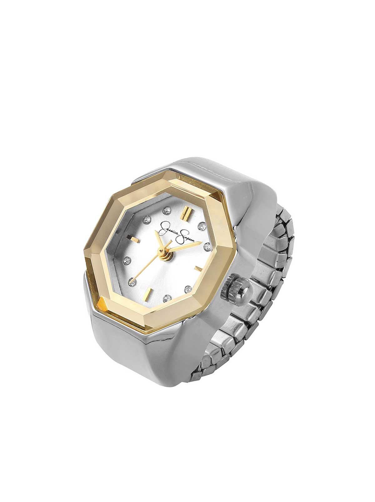 Jessica Simpson Accessories Faceted Bezel Crystal Ring Watch in Silver