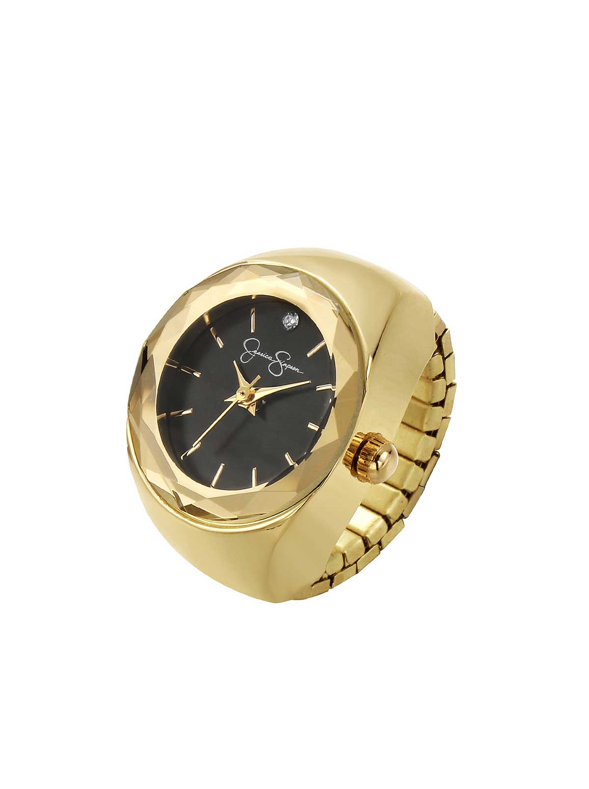 Jessica Simpson Accessories Faceted Bezel Single Crystal Ring Watch in Gold