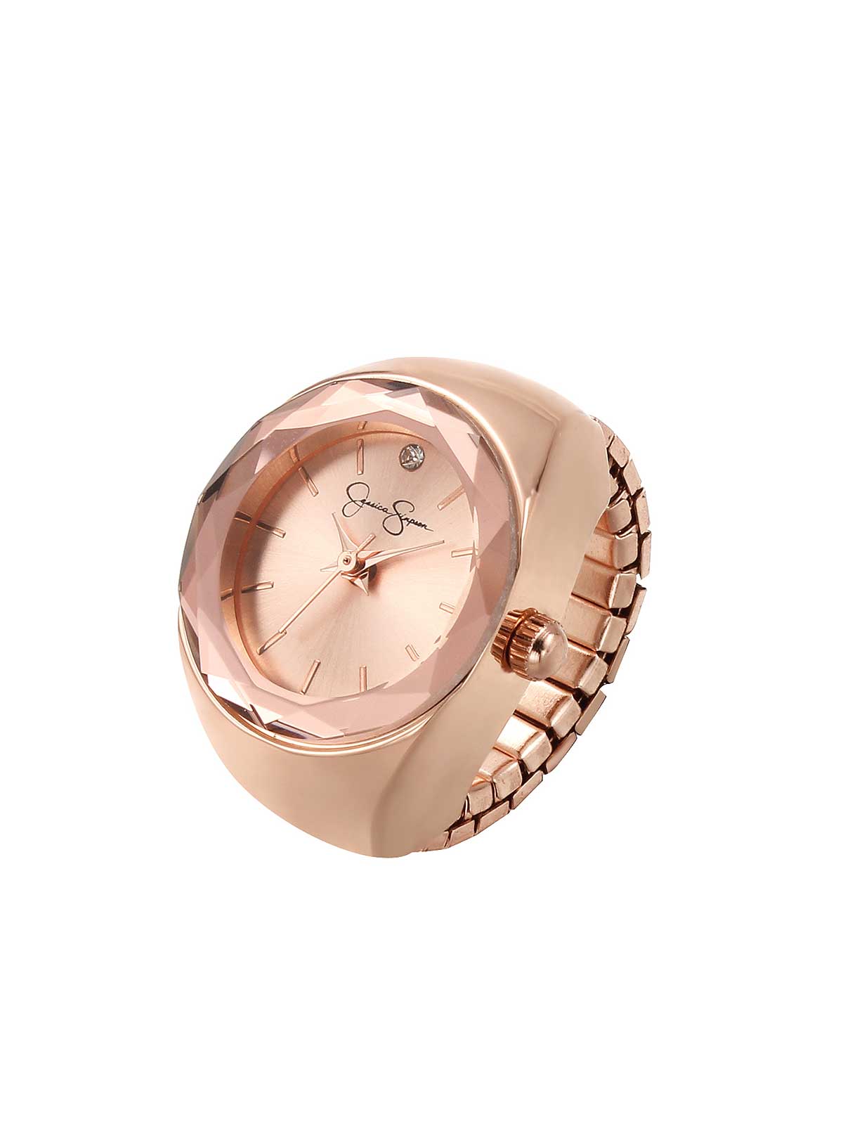 Jessica Simpson Accessories Faceted Bezel Single Crystal Ring Watch in Rose Gold