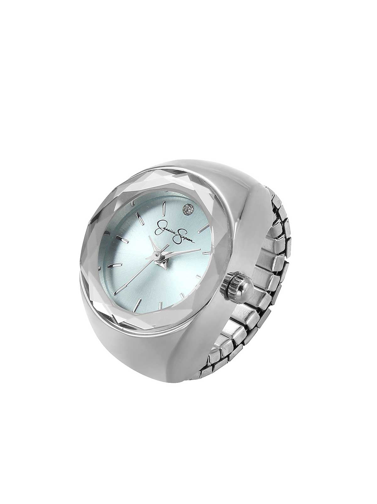 Jessica Simpson Accessories Faceted Bezel Single Crystal Ring Watch in Silver