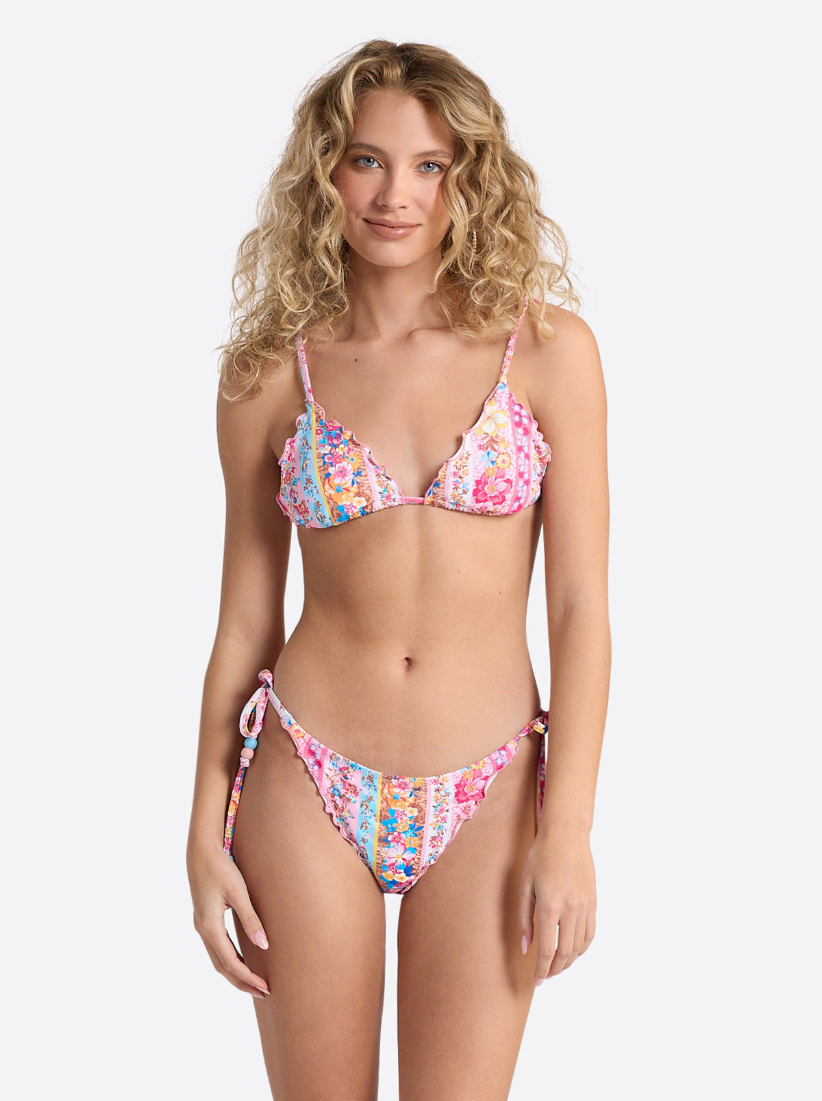 Jessica Simpson Women Lettuce Edge String Triangle Top in Flower Paradise