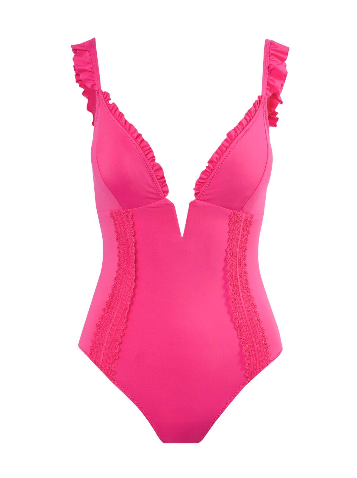 Jessica Simpson Women Solids Ruffle Plunge One Piece in Hot Pink